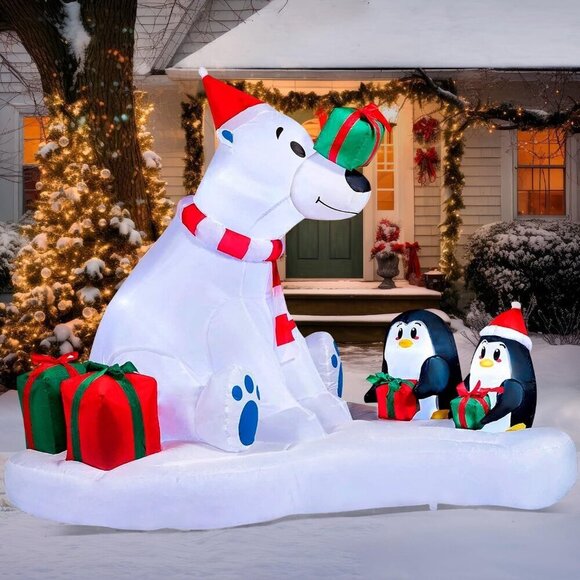 ⭐6 FT Inflatable Polar Bear & Penguins with Build-in LEDs, Blow Up Inflatables - Picture 1 of 8